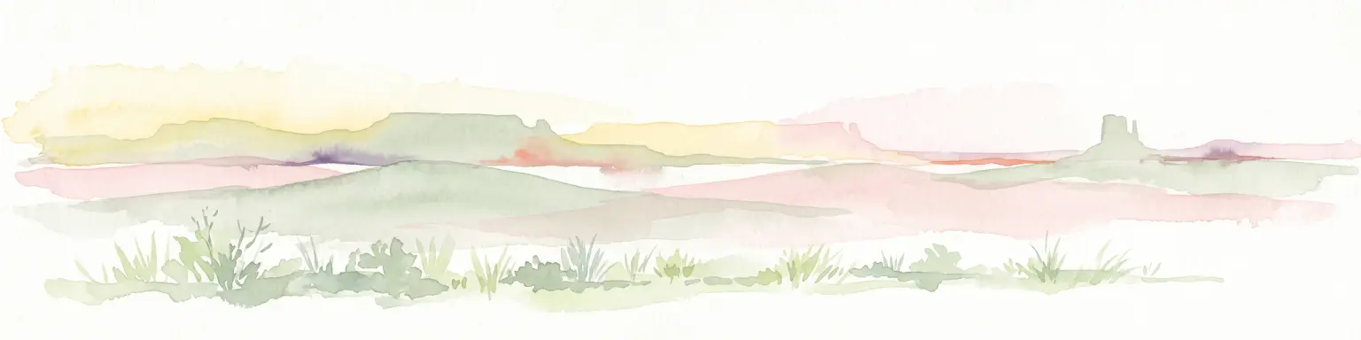 A soft watercolor painting of a desert landscape featuring rolling plains and a prominent, pillar-like rock formation on the horizon under a pale sky.