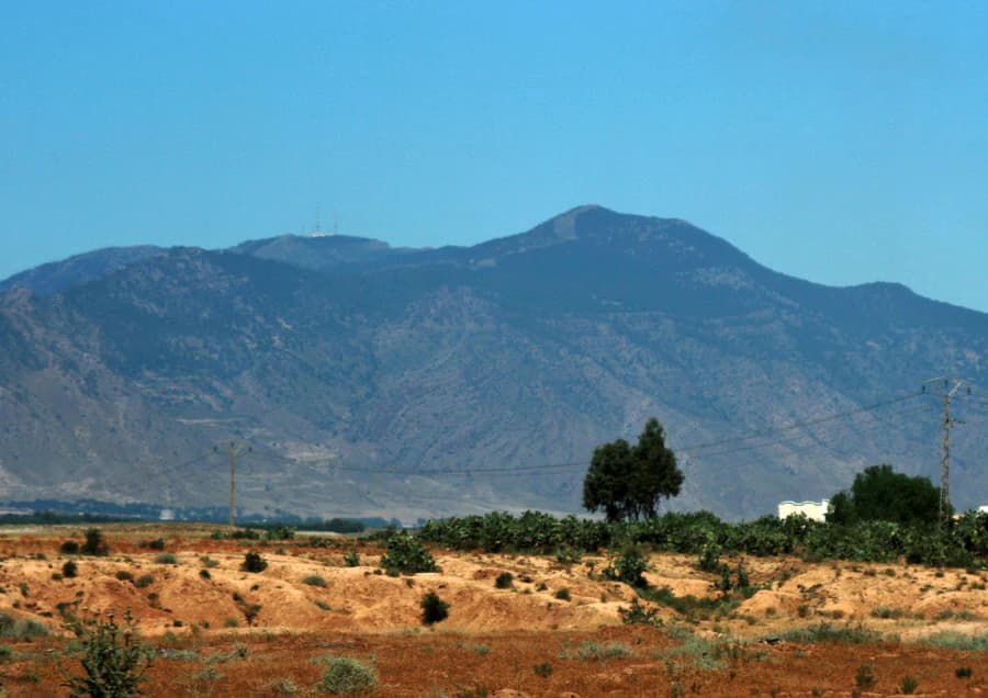 Montaña Djebel Chambi visible a lo lejos con paisaje árido y vegetación dispersa en primer plano bajo un cielo azul despejado