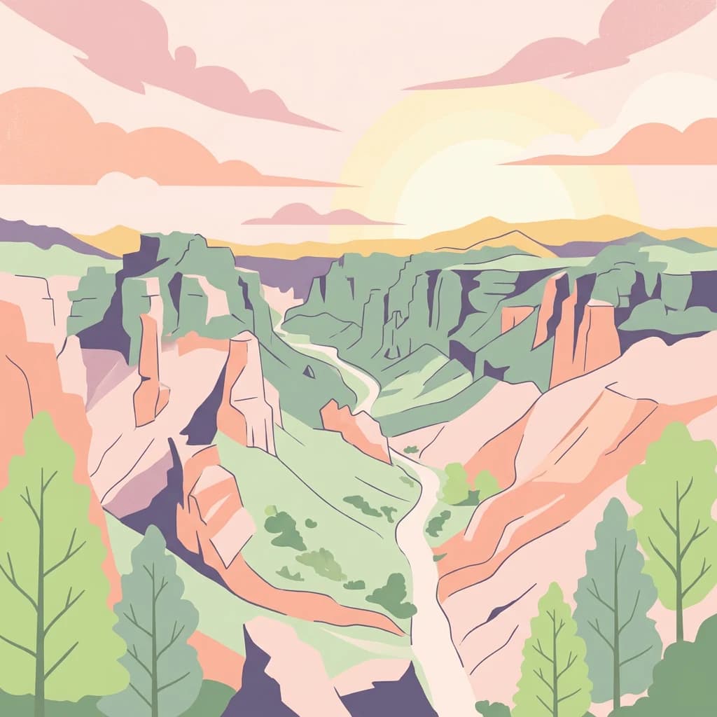 Illustration of Charyn Canyon with pink and orange rock formations, green trees, and a winding river under a pastel sky