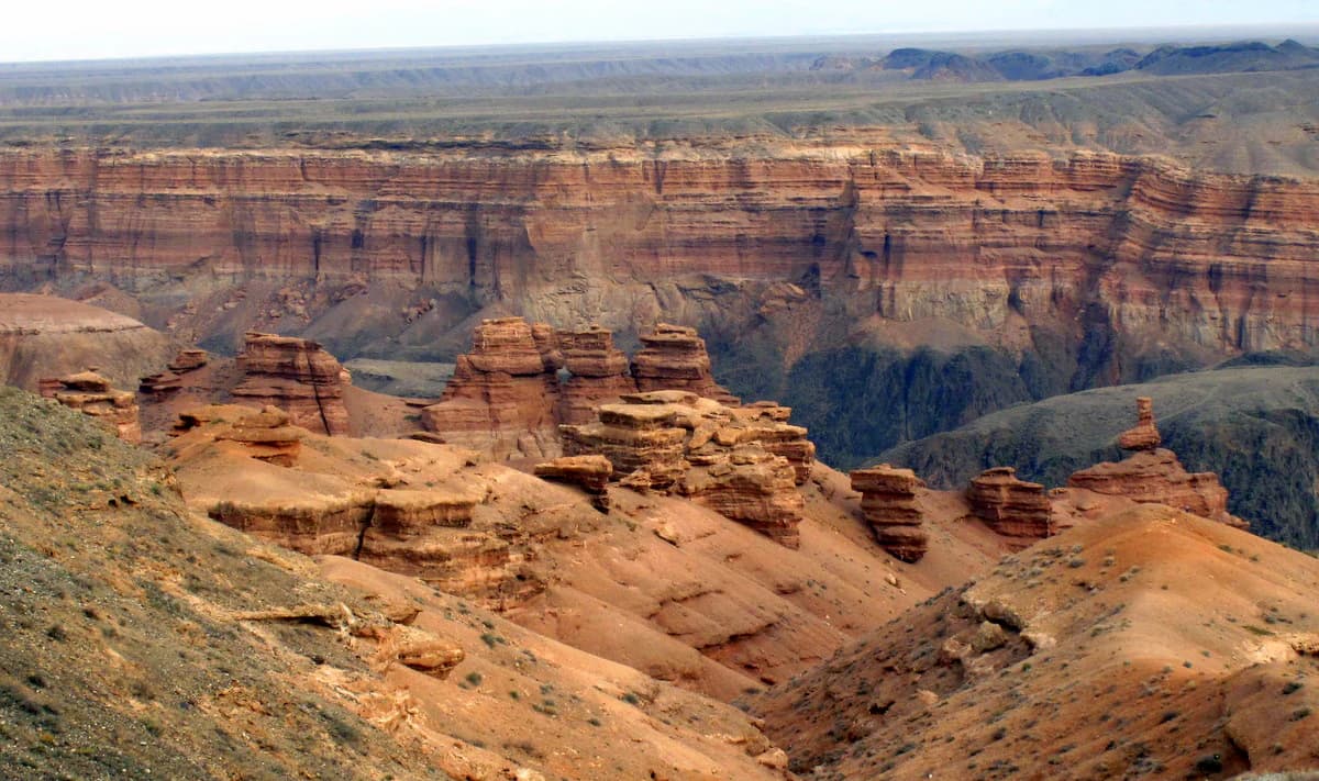 Panoramic view of Charyn Canyon with layered red rock formations, deep valleys, and sparse vegetation under a clear sky