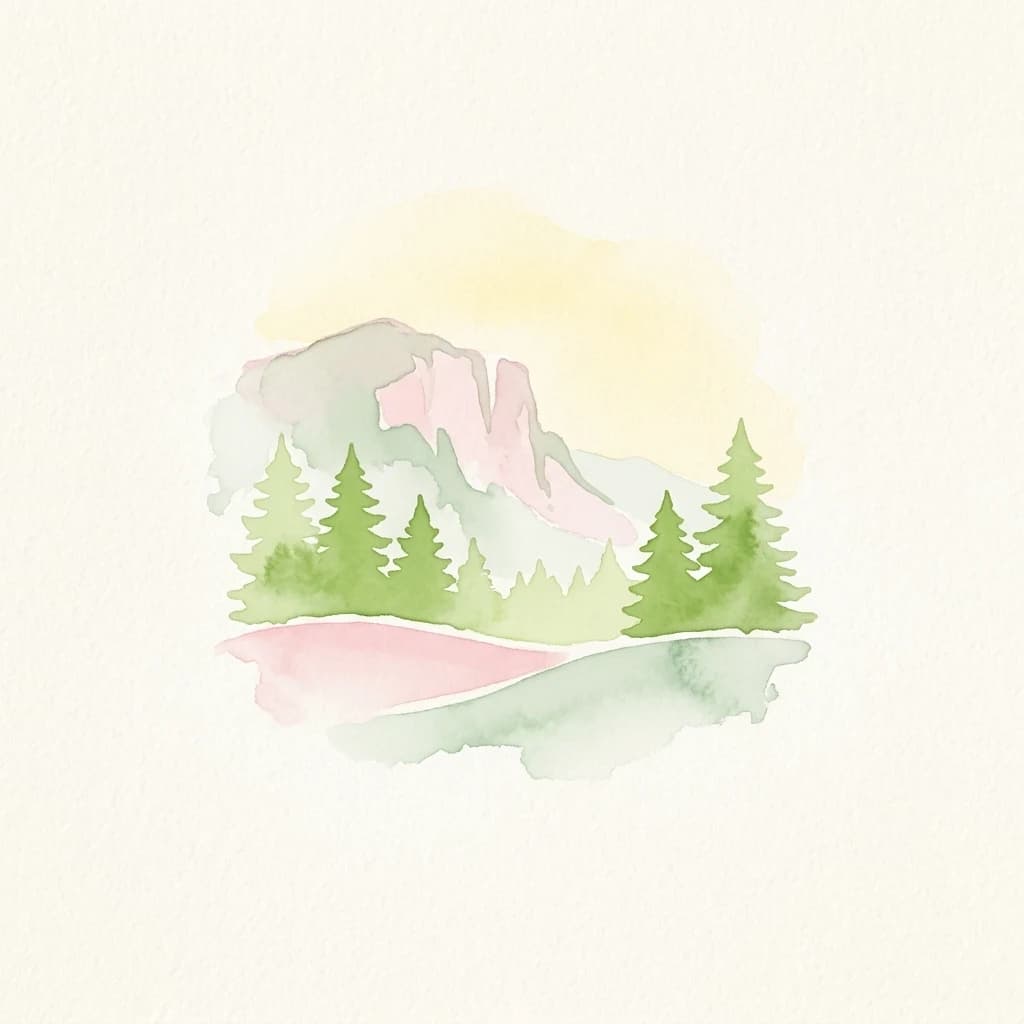 Watercolor illustration of green pine trees, a mountain range with pink and gray peaks, and a pinkish valley