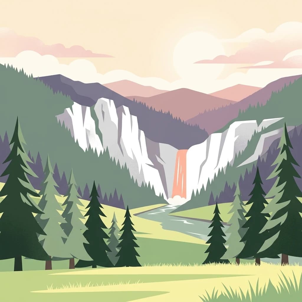 Illustrated waterfall in a mountain valley with pine trees and distant peaks