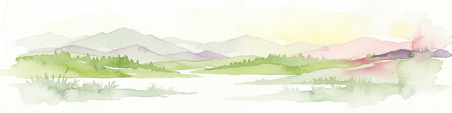 Watercolor painting of mountains, a lake, and green terrain