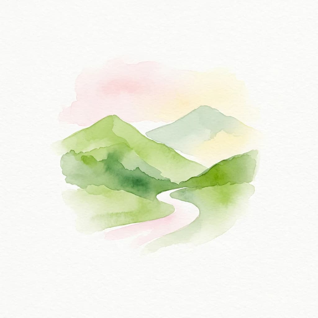 Watercolor painting showing green mountains, a winding river, and soft pink and yellow sky