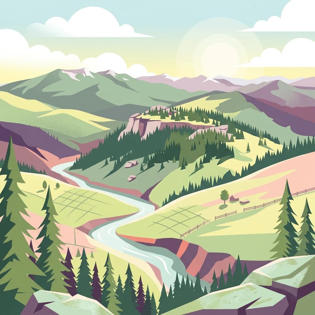 Stylized landscape illustration showing a winding river, forested mountains, rocky cliffs, and a partly cloudy sky.