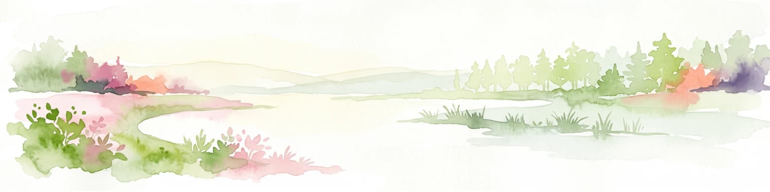 Watercolor painting of a tranquil scene featuring soft-hued trees, rolling hills, and a water's edge, characterized by a light and airy artistic style.