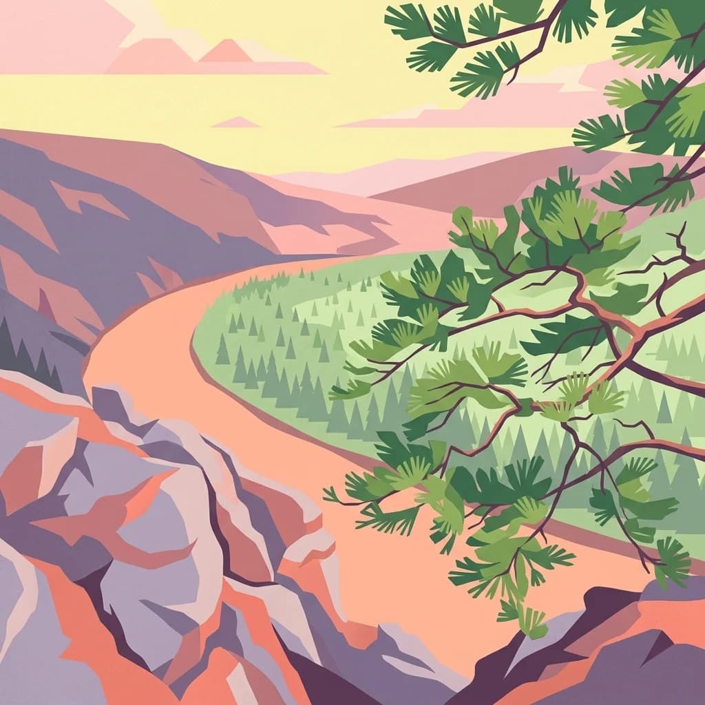 Illustration of a river winding through mountainous landscape with pine trees in foreground and colorful sky