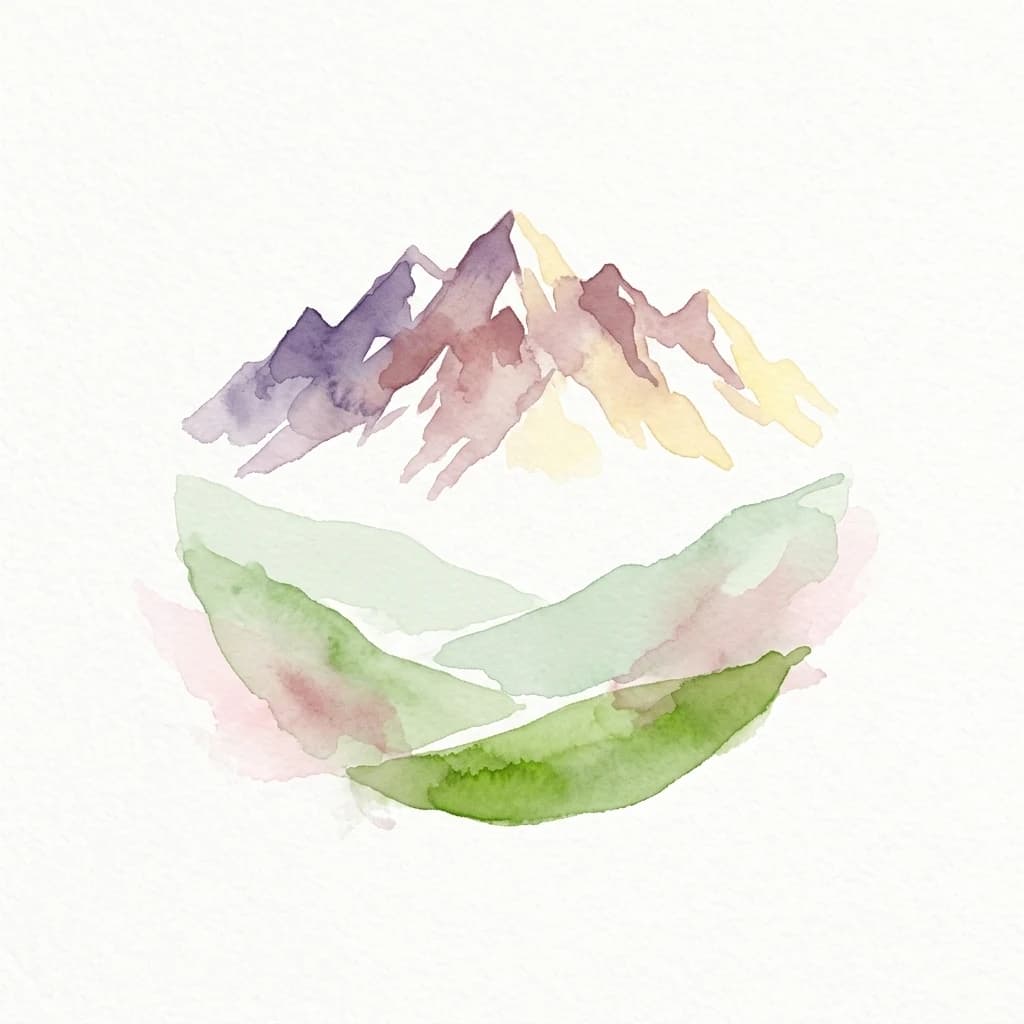 Pintura de acuarela de picos de montañas en tonos morados, rojos, amarillos y verdes