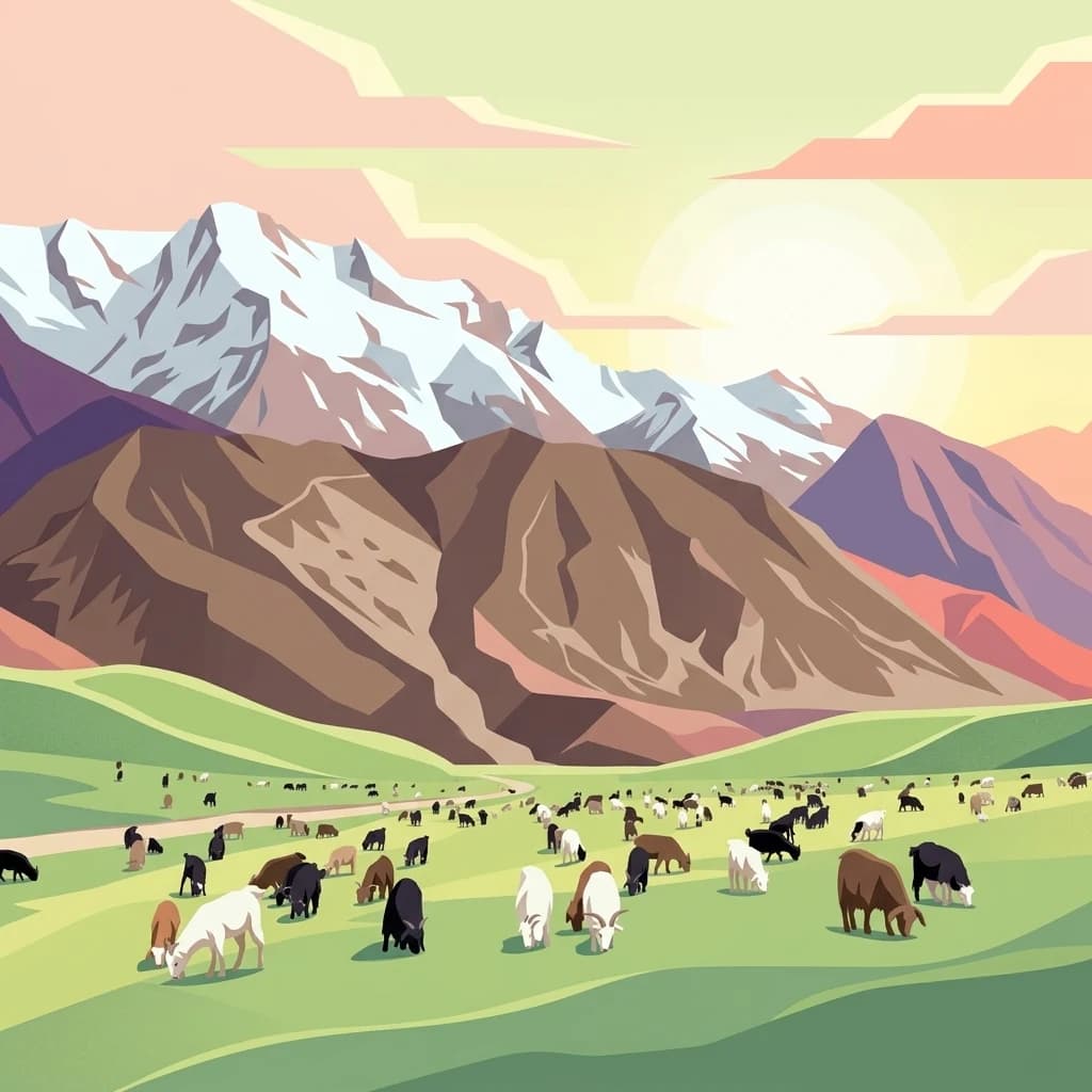 Stylized illustration of a mountainous landscape with green hills, snow-capped peaks, and cattle grazing under a pastel sky