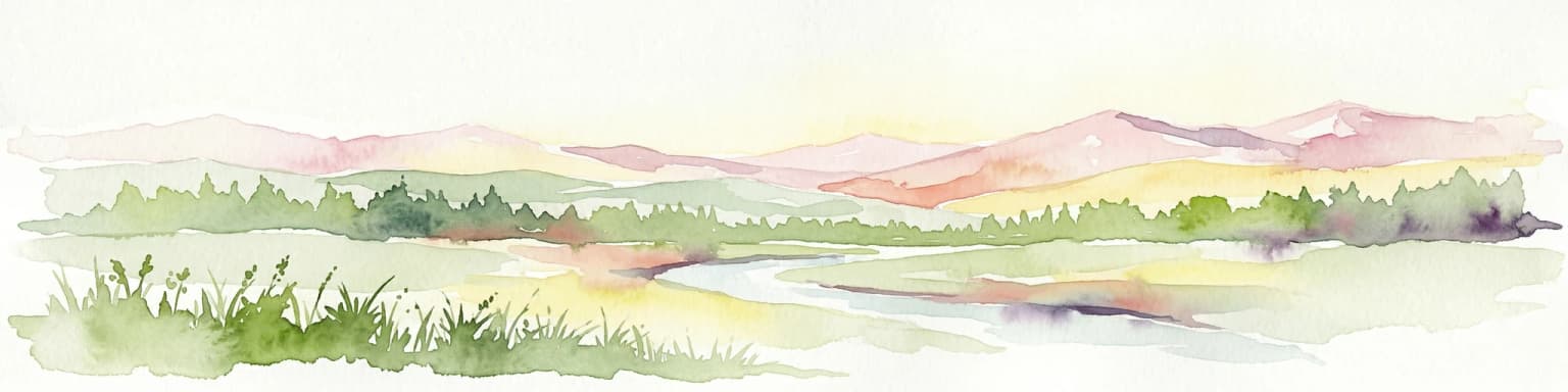 Pintura de acuarela que representa montañas, un río, prados y árboles
