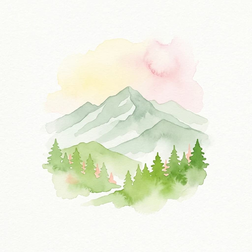 Watercolor painting of green mountains with pine trees and a soft pink and yellow sky.