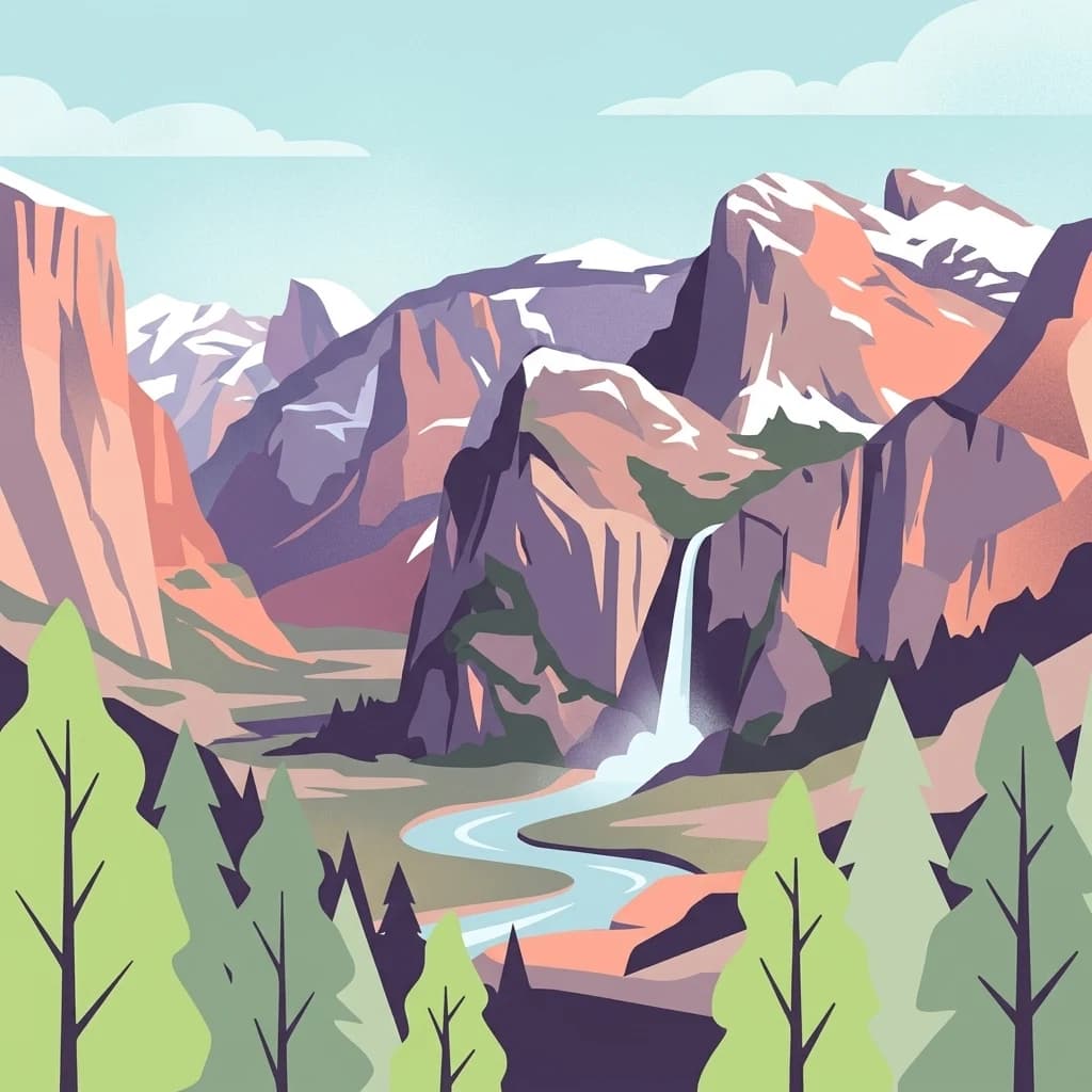 Ilustración de un paisaje montañoso con un río, un bosque y picos nevados