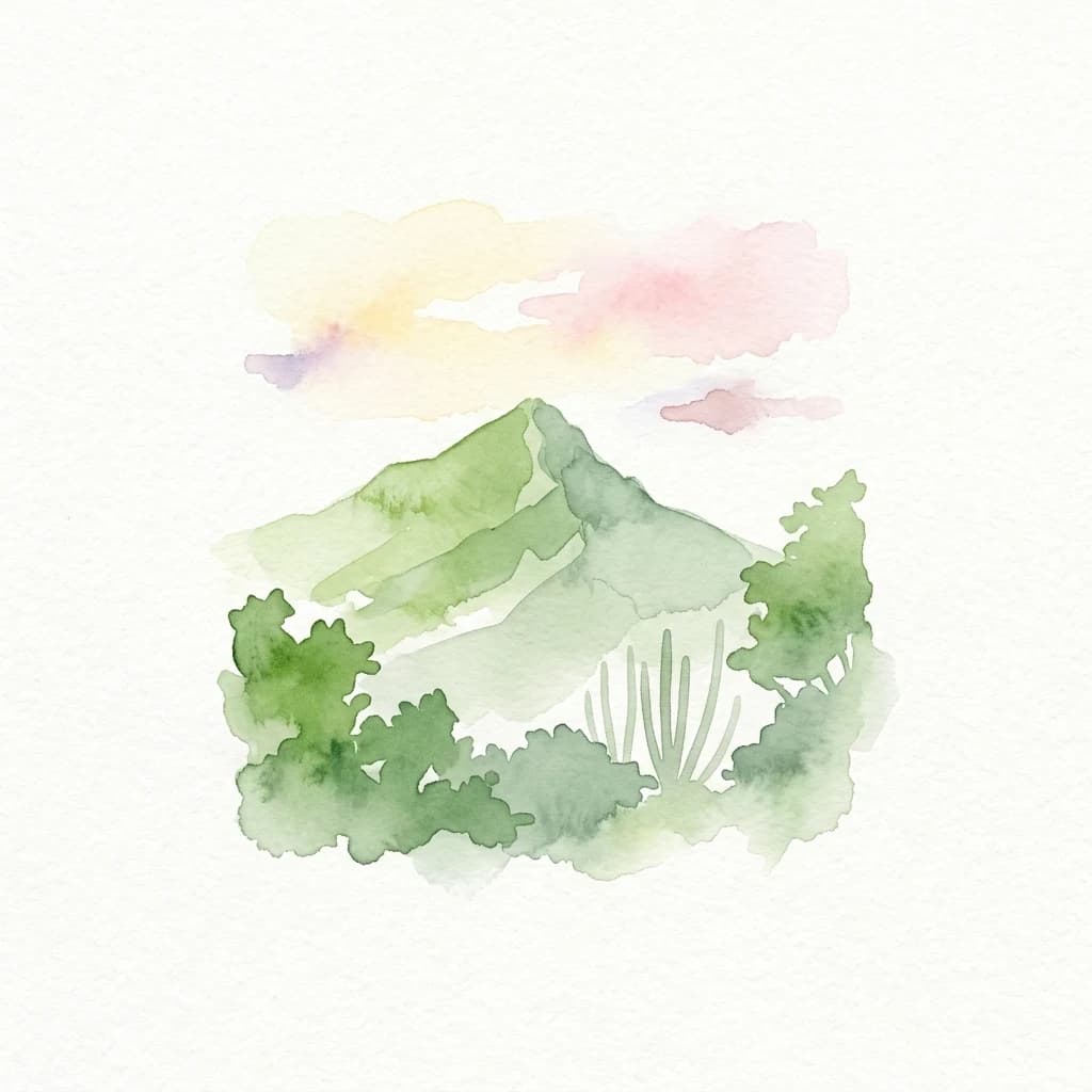 Ilustración de acuarela que muestra una montaña con vegetación verde, cactus y un cielo pastel