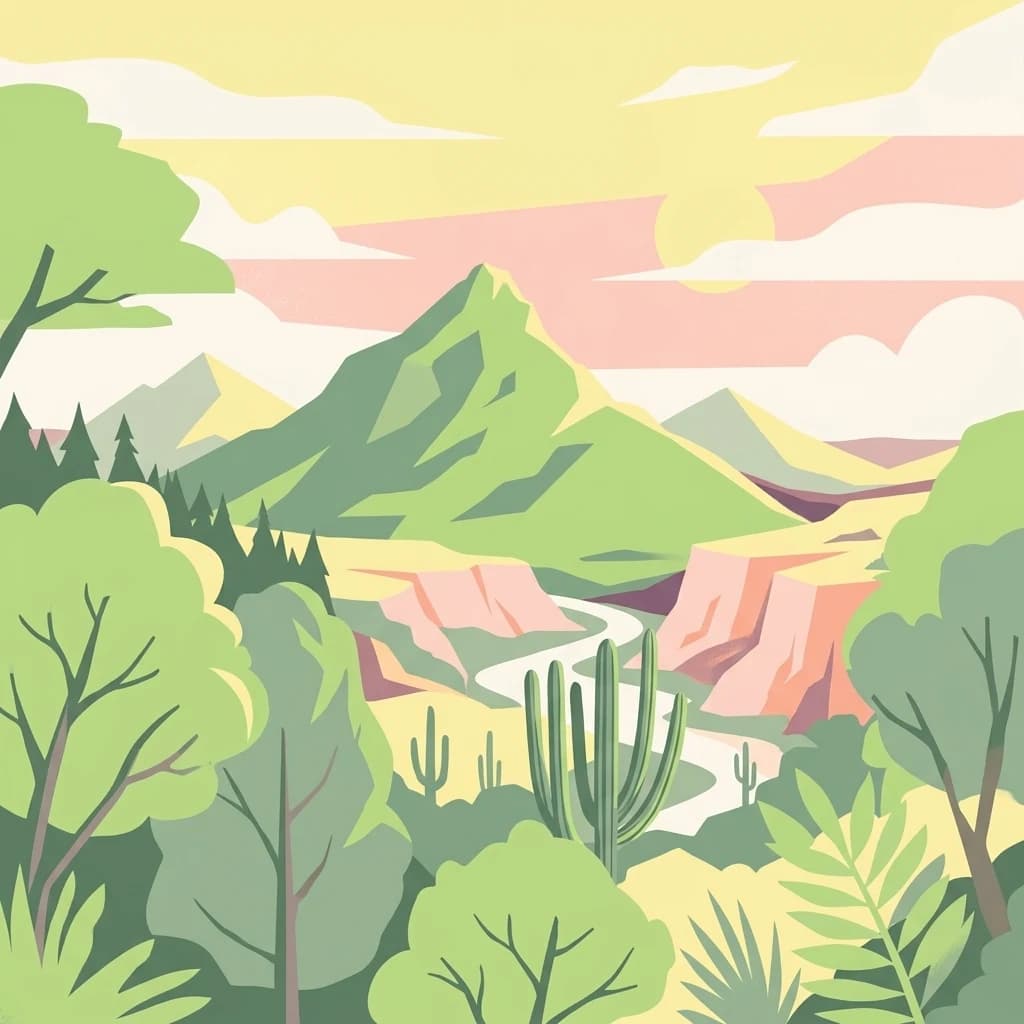 Una ilustración estilizada de un paisaje montañoso con cactus, árboles y un camino sinuoso bajo un cielo rosa y amarillo