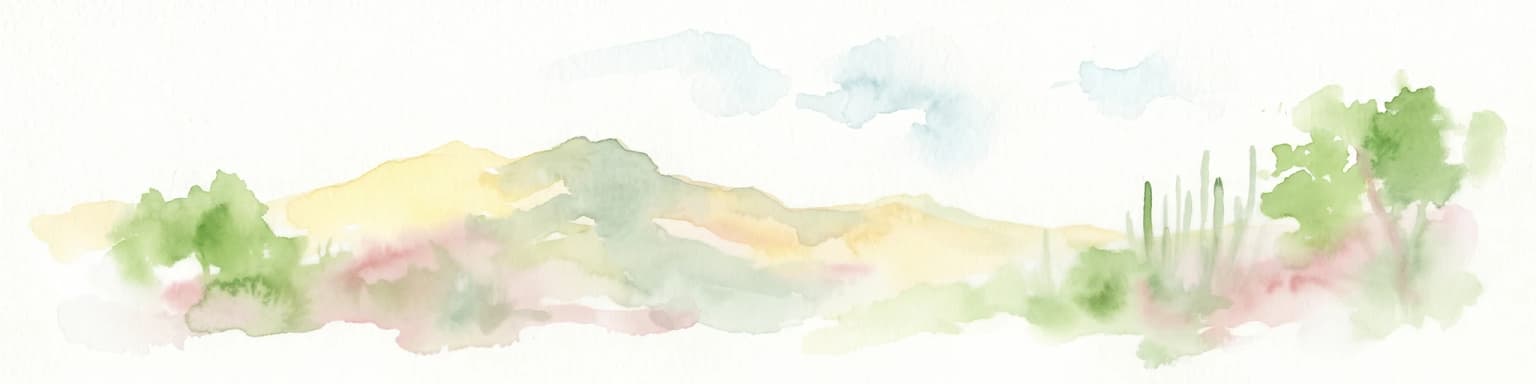 Watercolor painting of a landscape featuring green trees, hills, and cacti under a light blue sky