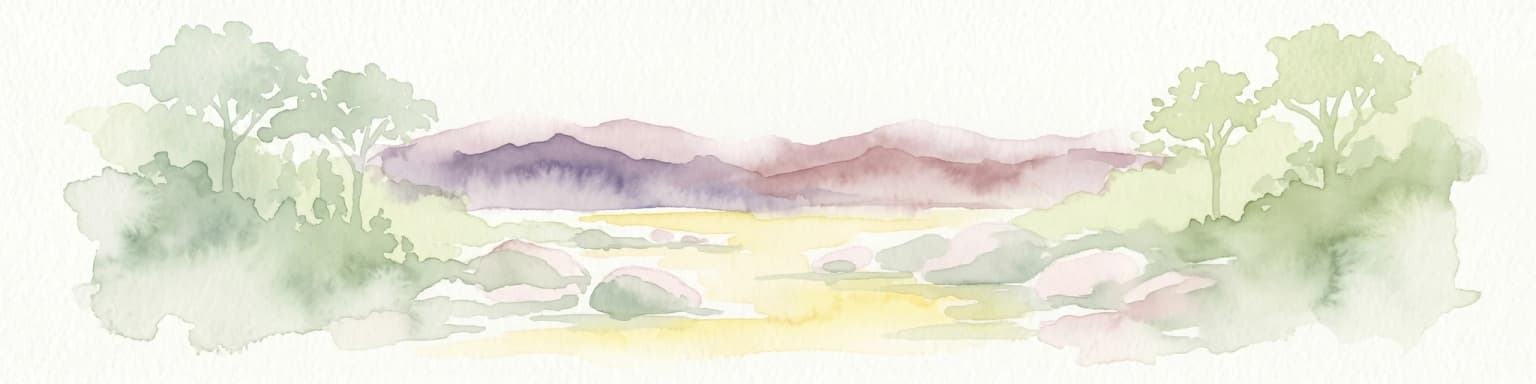 Watercolor illustration of a river, trees, and hills in a natural landscape.