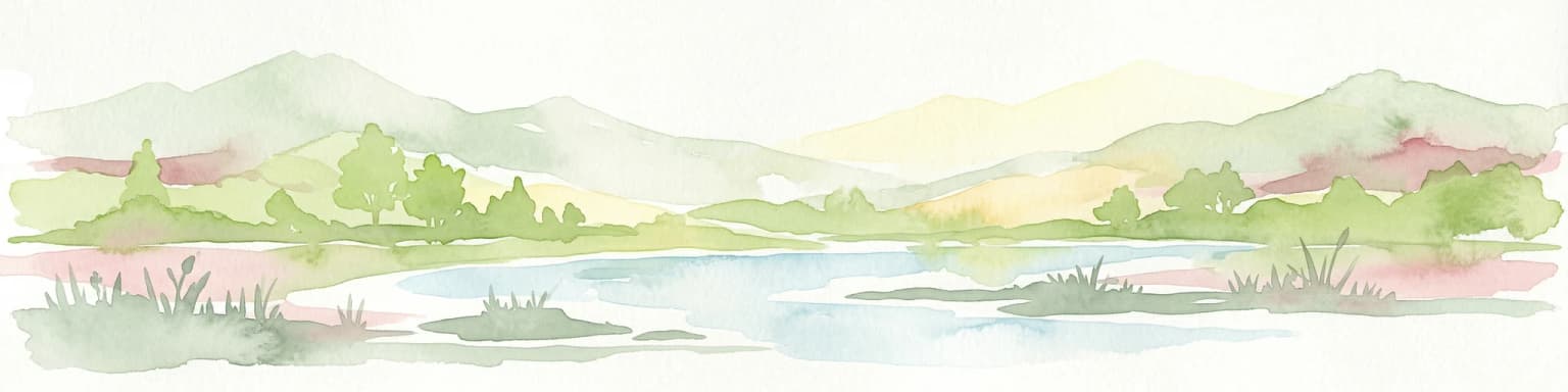 Watercolor illustration showing mountains, a lake, and vegetation