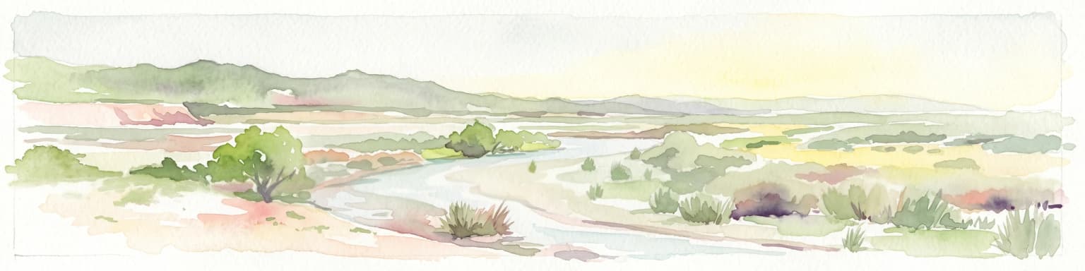 Una pintura horizontal en acuarela que representa un río ancho y serpenteante que fluye a través de un valle costero con colinas onduladas al fondo y vegetación verde escasa en el primer plano.