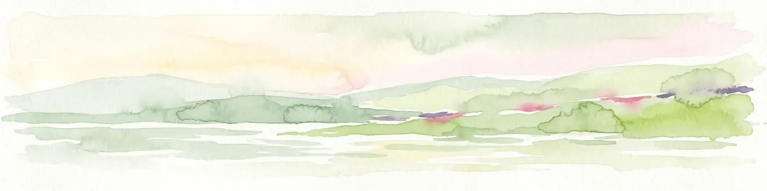 A pale, minimalist watercolor painting showing soft green hills or islands against a light, misty horizon.