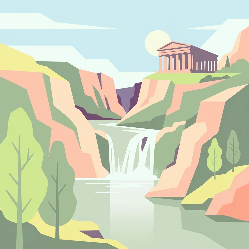 Stylized illustration showing a waterfall flowing through a valley with a classical temple on a hilltop
