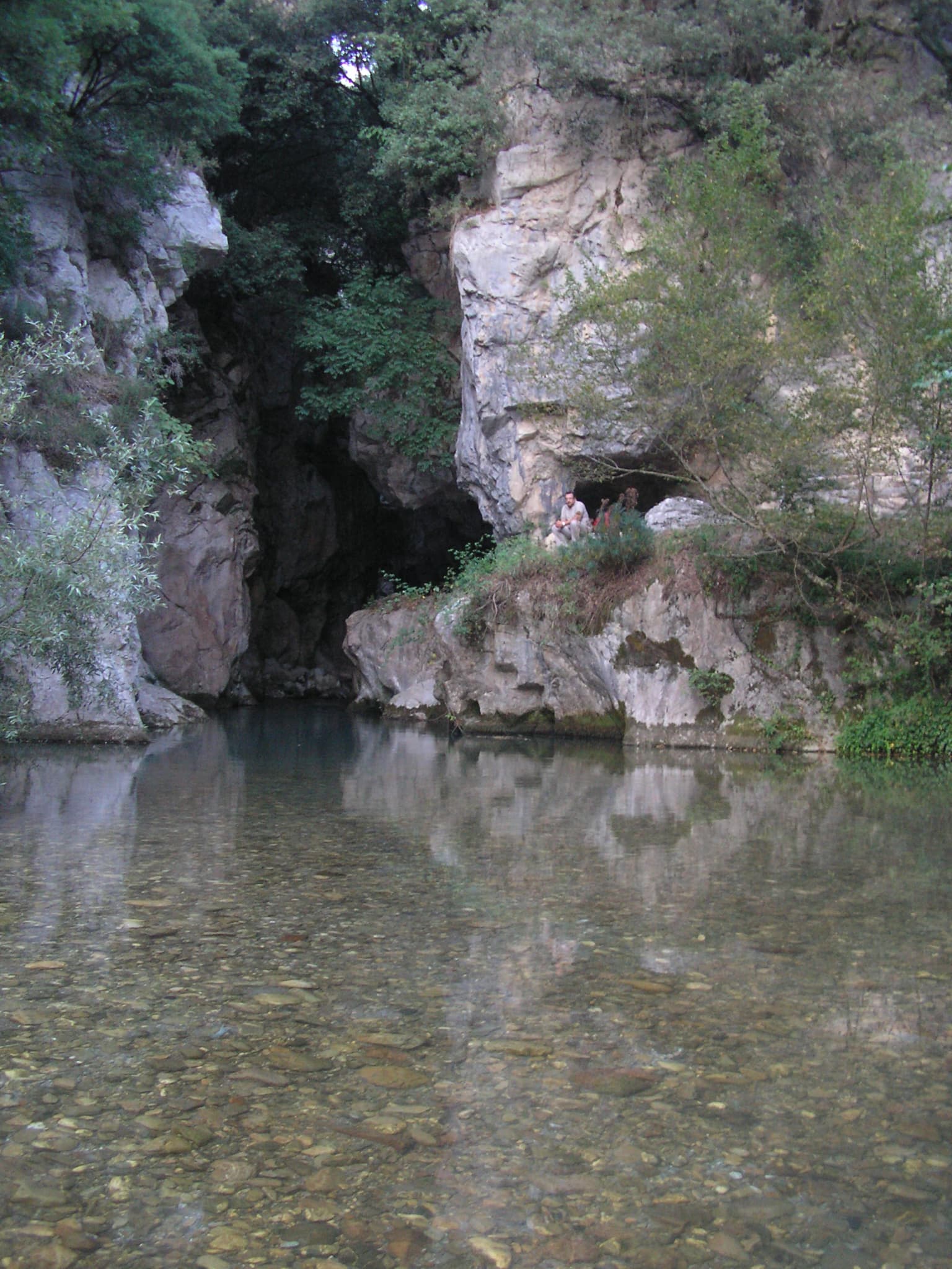 Clear river with visible rocky bottom flowing between rocky cliffs with vegetation and trees