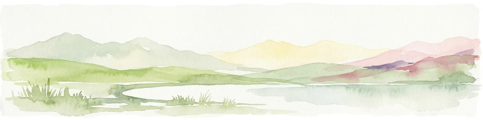 Watercolor painting showing mountains, a lake, and grassy fields