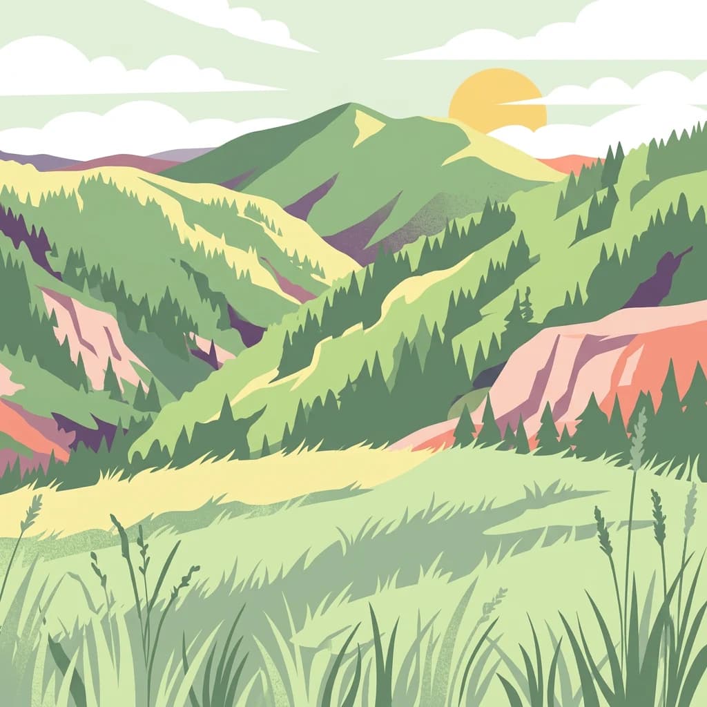 Illustrated landscape with green mountains, forests, and a yellow sun setting over the horizon