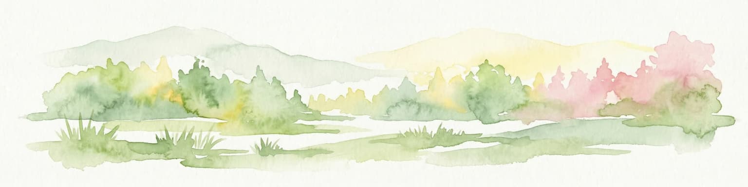 Watercolor illustration of a landscape with mountains, trees, and a river