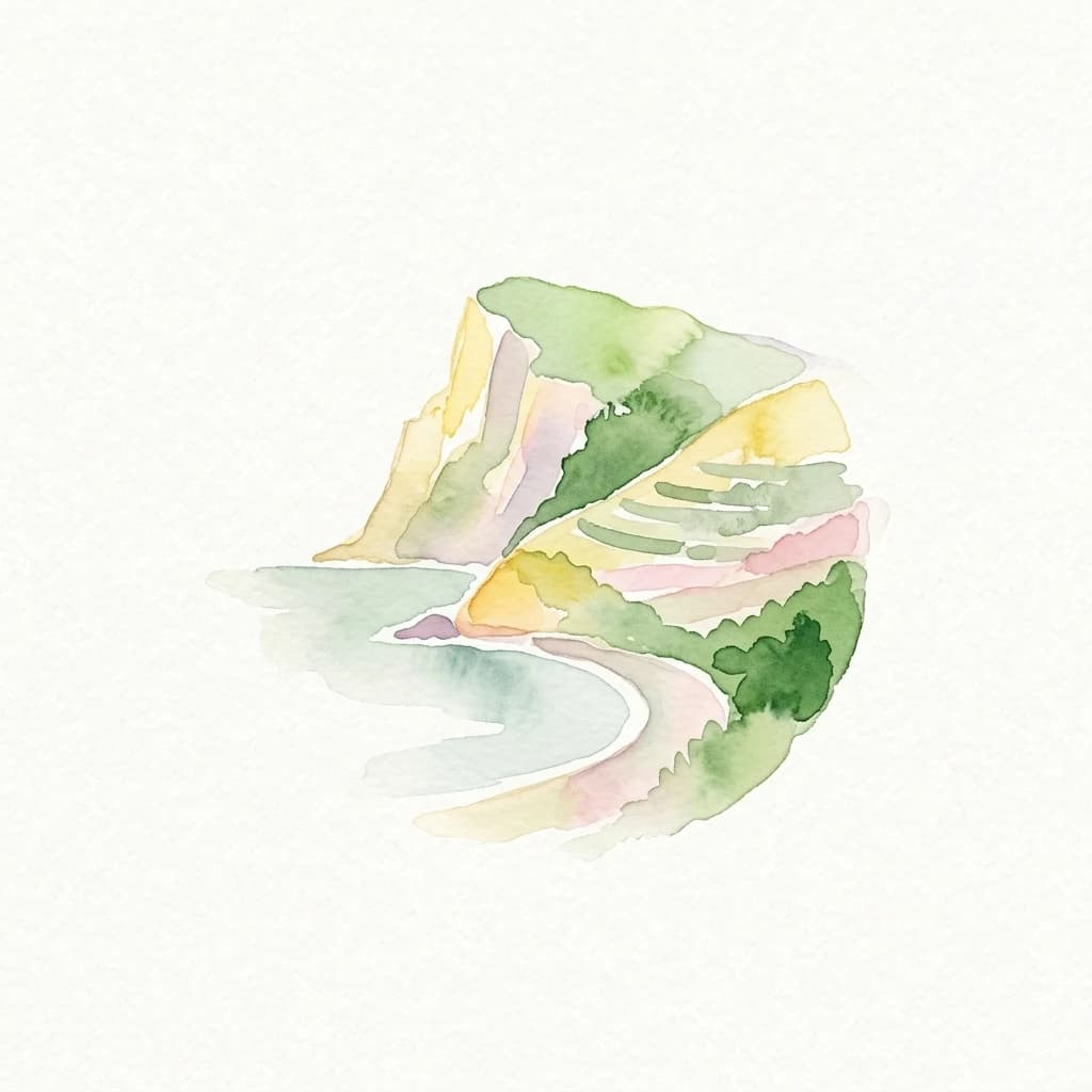 Watercolor illustration of a coastal landscape with cliffs, terraced hills, and a beach