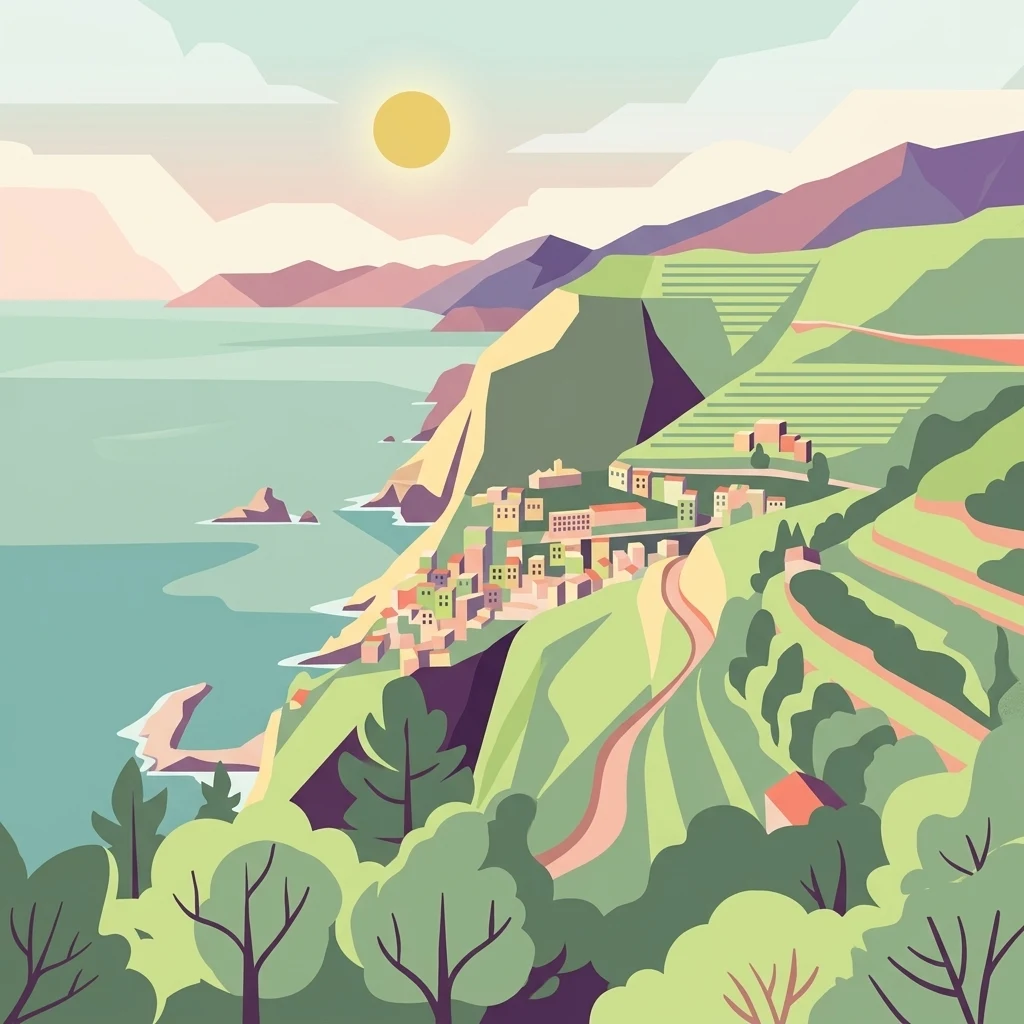 Stylized illustration of coastal cliffs, terraced vineyards, and a village along the Italian Riviera with the sun and sea visible