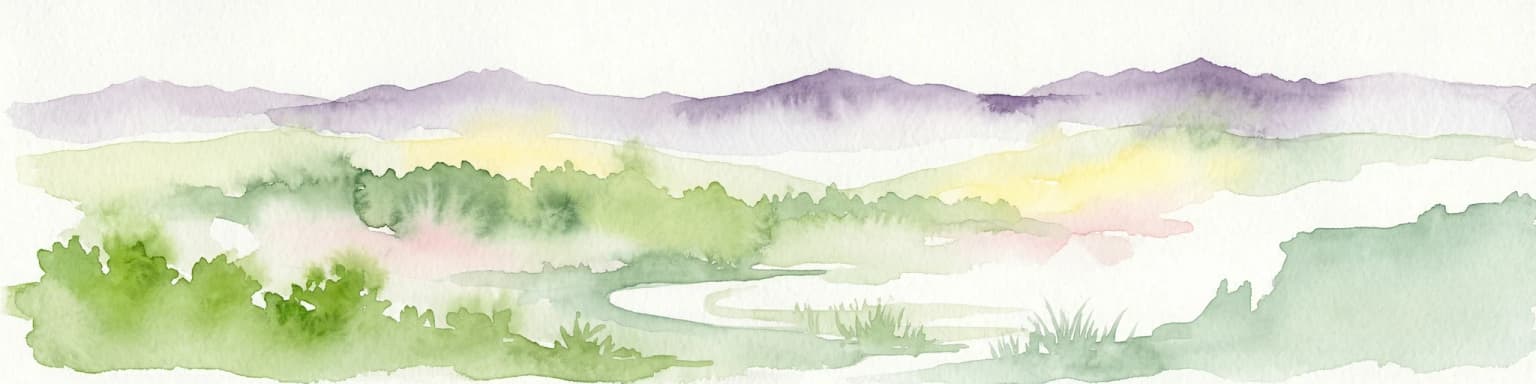Watercolor illustration of a mountainous coastal landscape with green vegetation and a body of water