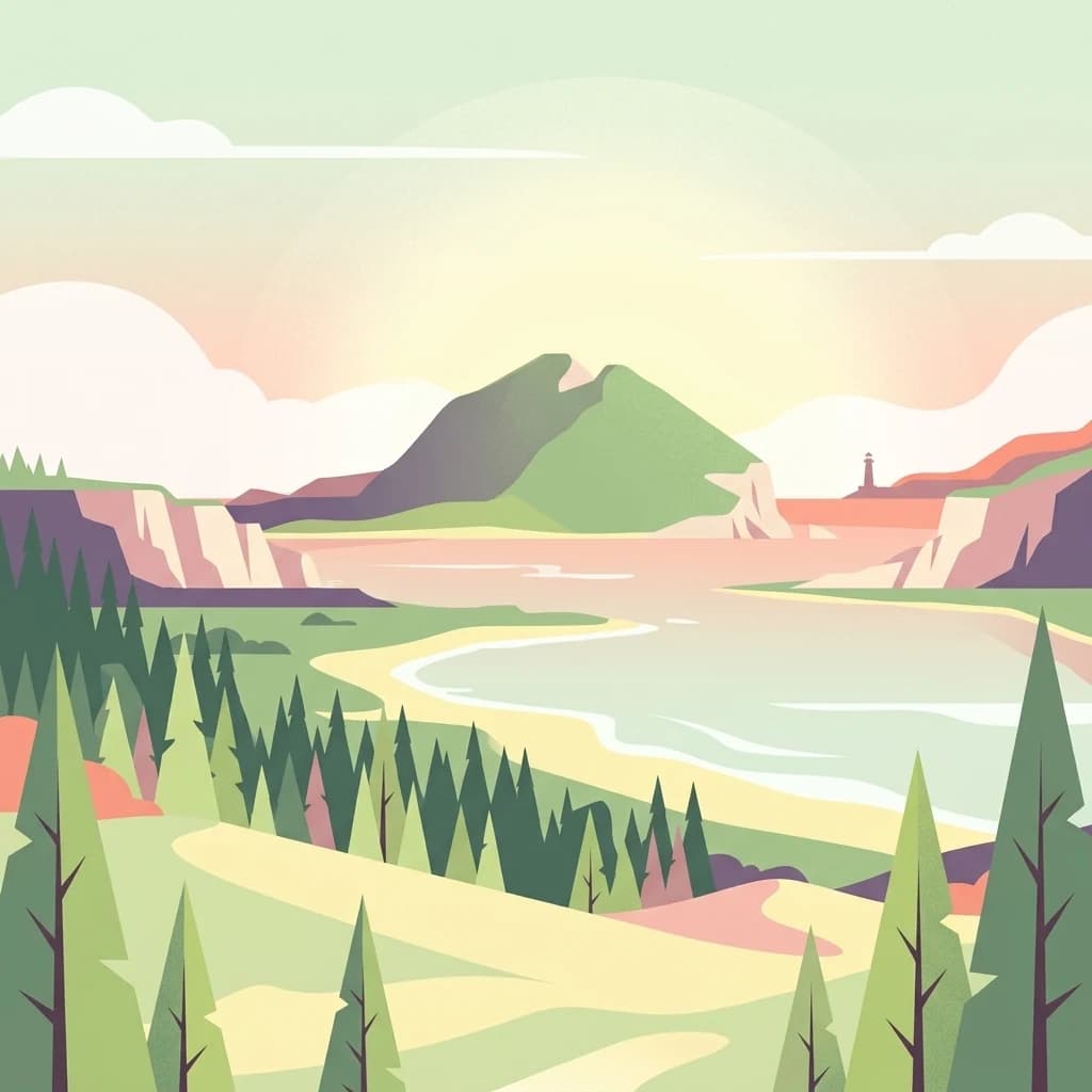 Stylized illustration showing a coastal landscape with mountains, forest, beach, and cliffs