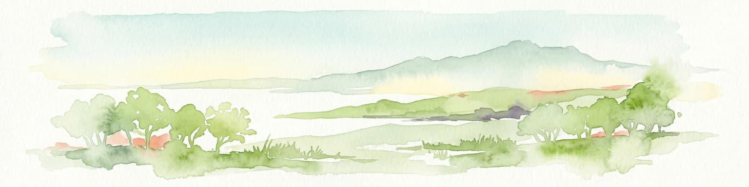 Watercolor illustration showing a coastal landscape with green hills, trees, and water body