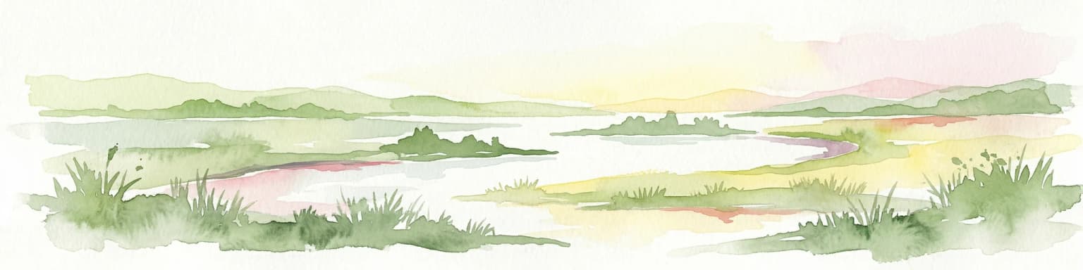 Watercolor painting of a wetland landscape featuring marshes, a river, and distant hills under a soft sky