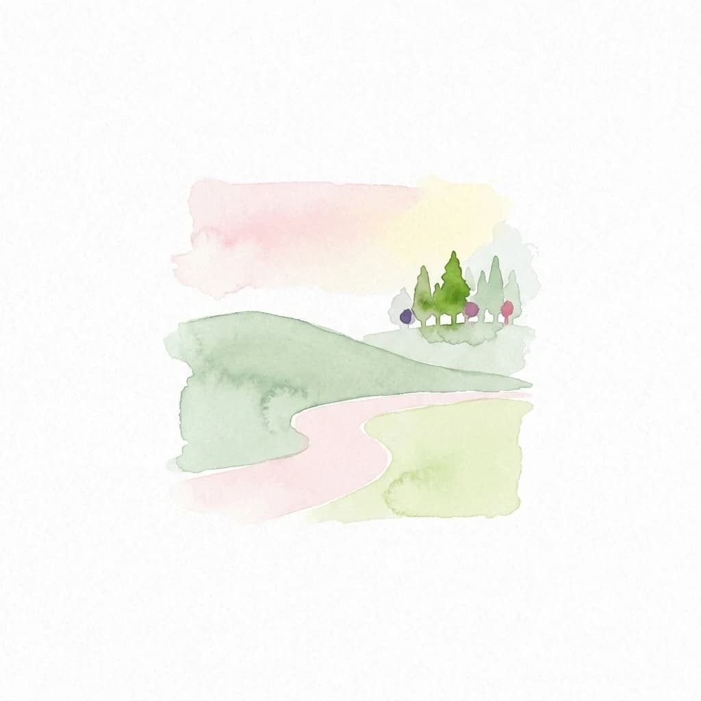 Ilustración de acuarela que representa un camino sinuoso a través de colinas verdes con algunos árboles y un cielo de color pastel suave.