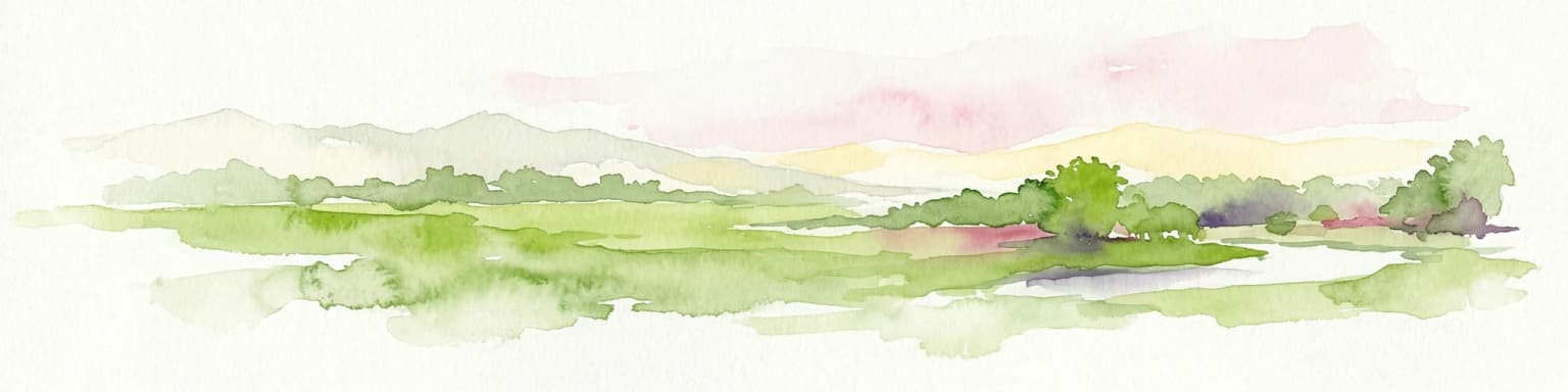Watercolor illustration of a landscape with green fields, trees, and a body of water