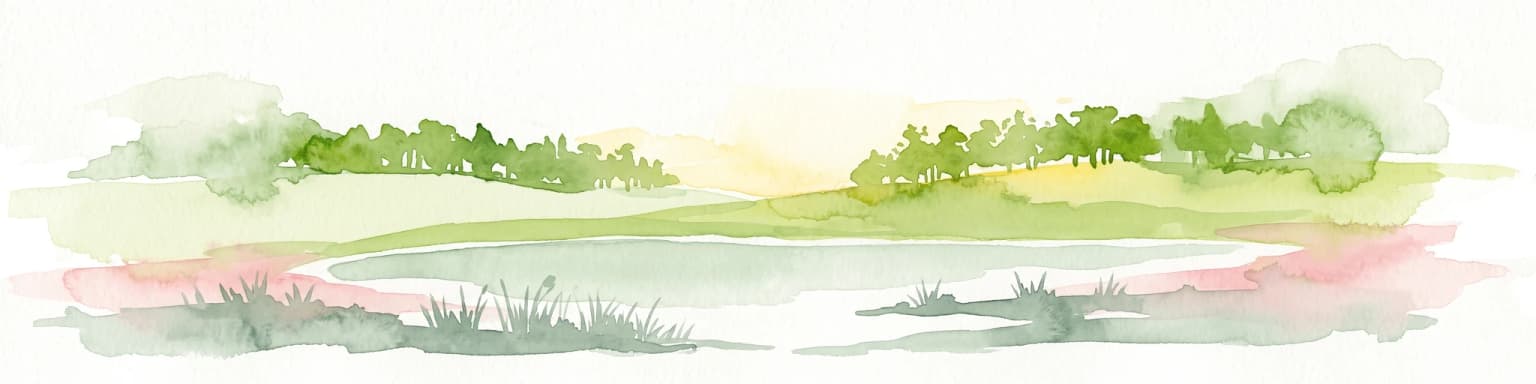 A soft watercolor illustration showing a calm pond in the foreground, with gentle grassy hills and sparse trees in the background.