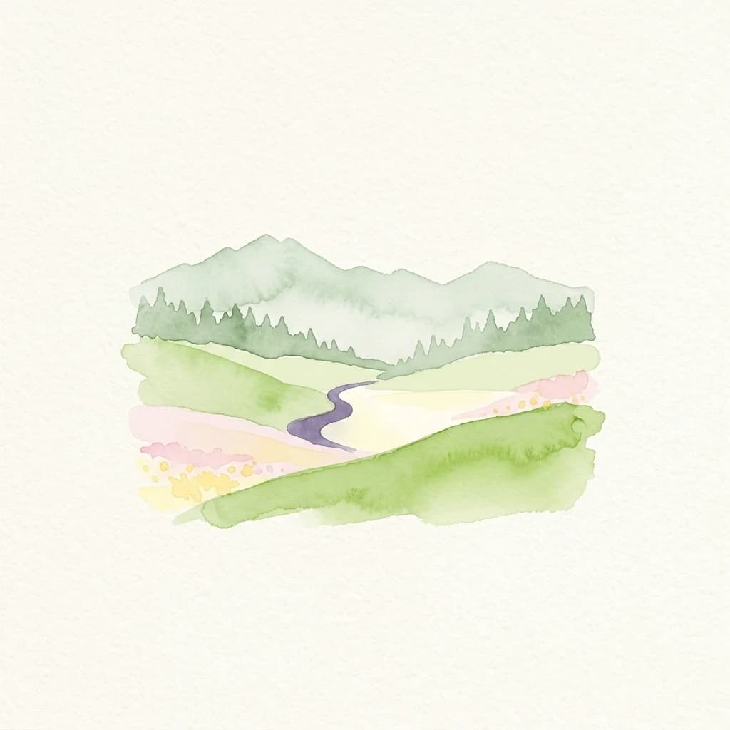 Ilustración en acuarela de colinas onduladas, bosques y montañas con un sendero serpenteante a través del paisaje