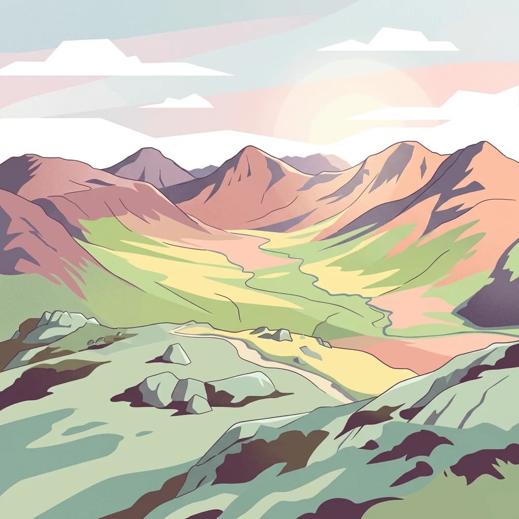 Stylized illustration of mountainous landscape with colorful terrain, valley, and winding path under a partly cloudy sky