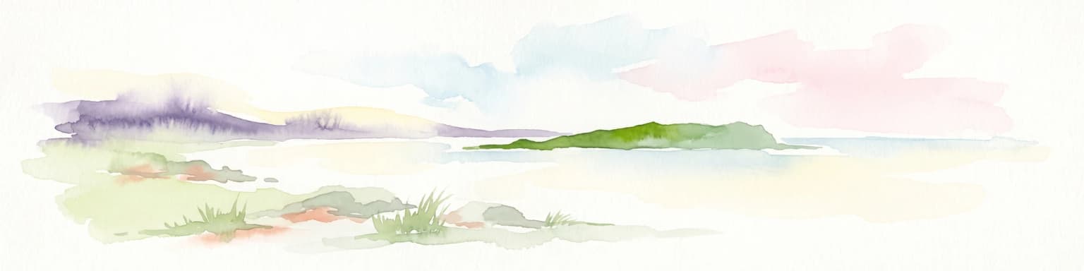 A soft watercolor painting depicting a coastal landscape with a green island in the middle ground and a pale sky above.