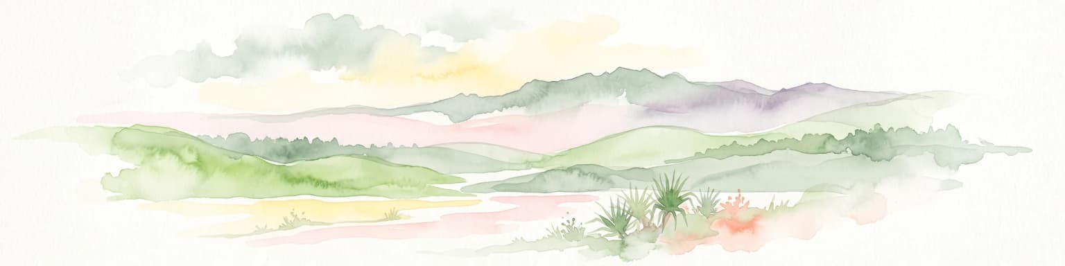 A soft watercolor painting of a landscape featuring rolling green hills, a faint mountain range in the distance, and sparse vegetation in the foreground.