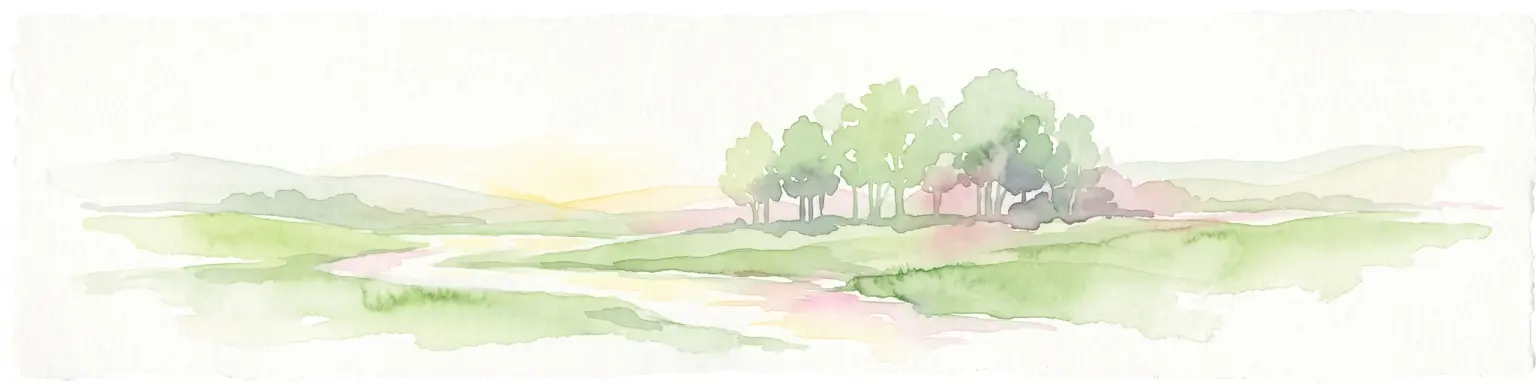 Acuarela de un valle verde con un arroyo serpenteante y un grupo de árboles sobre un fondo claro.