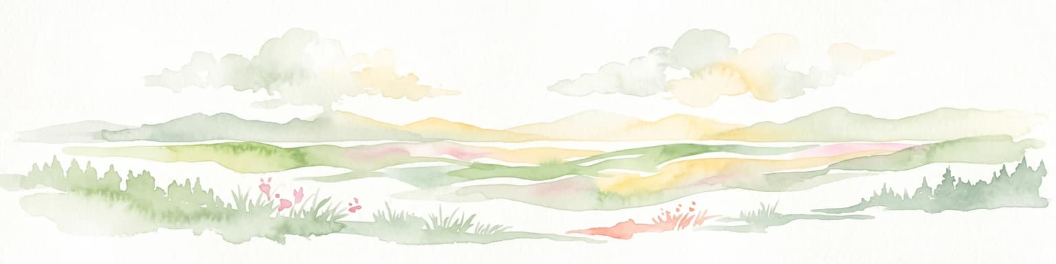 Watercolor painting of soft rolling dunes, green hills, and light clouds.
