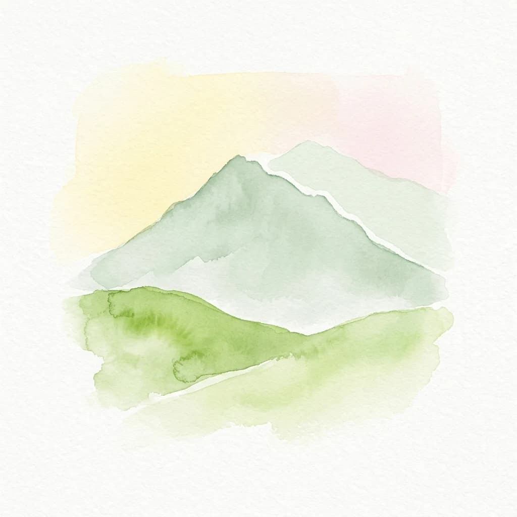 Watercolor illustration of a mountain landscape with green hills in the foreground and mountain peaks in the background under a pastel-colored sky