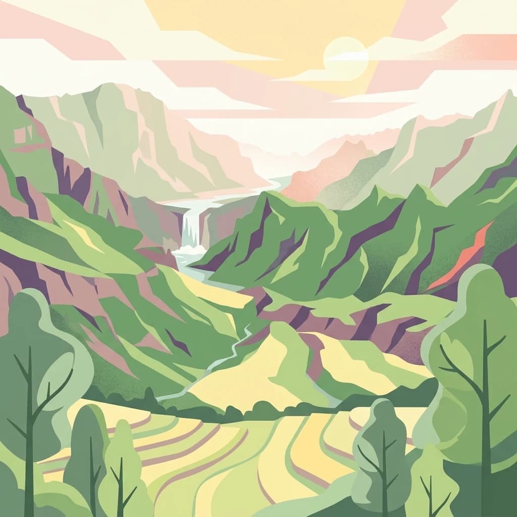 Stylized illustration of a mountain valley with terraced fields, a river, and a waterfall under a sunset sky