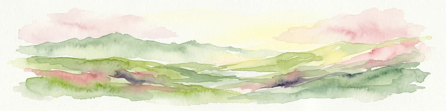 Watercolor artwork depicting green hills and a colorful sky