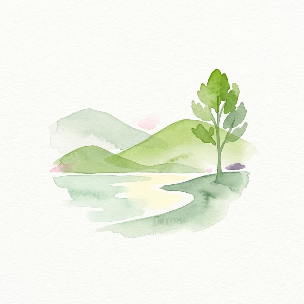 Watercolor illustration of green hills, a single tree, and a lake