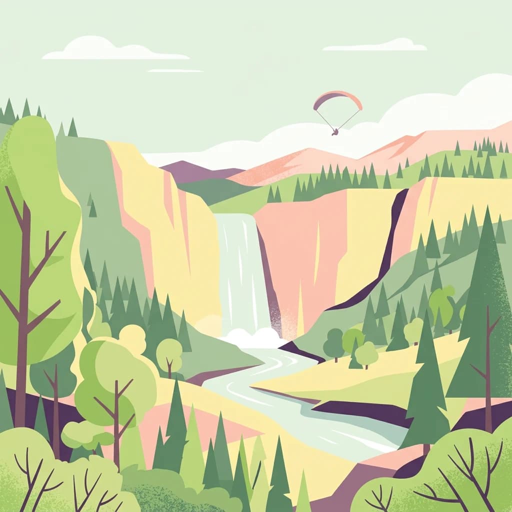 Stylized illustration of a mountainous landscape with waterfall, river, forested hills, and a paraglider in the sky