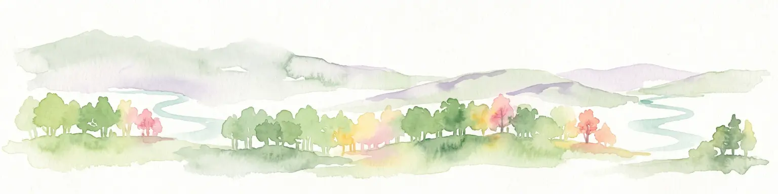 A horizontal watercolor illustration showing a landscape with rolling, misty purple hills in the background and a line of stylized green and pink trees in the foreground, with a meandering river winding through the scene.