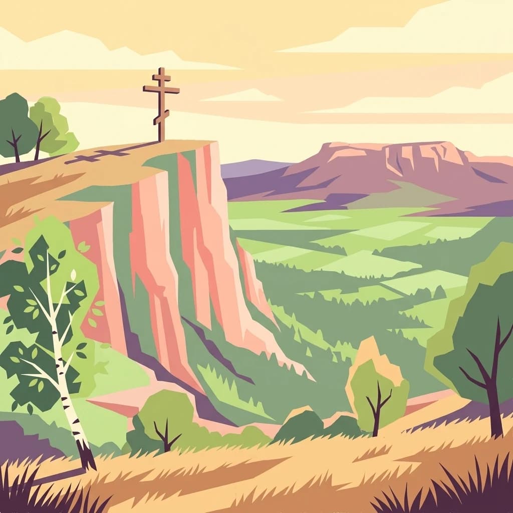 Illustration of a cliff with a cross on top, surrounded by green valley and mountains